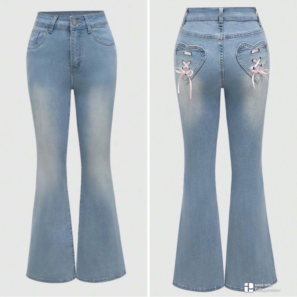 ROMWE Blue Distressed Flare Jeans  Heart Detail and Pink Bows Sz 1XL or size 14